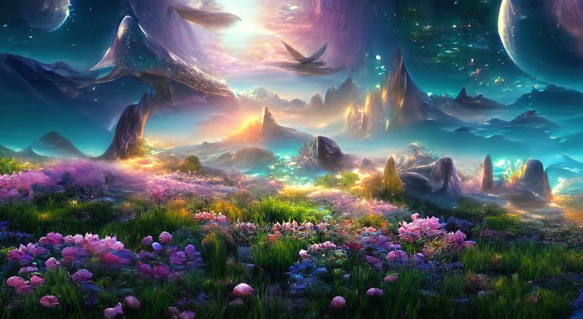Iridescent Fantasy Landscape with Luminous Sun