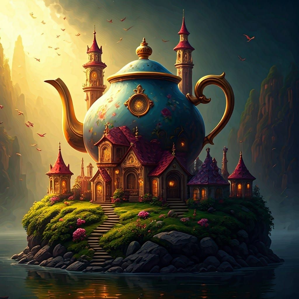Magical Teapot Kingdom: Hyperrealistic Digital Oil Painting