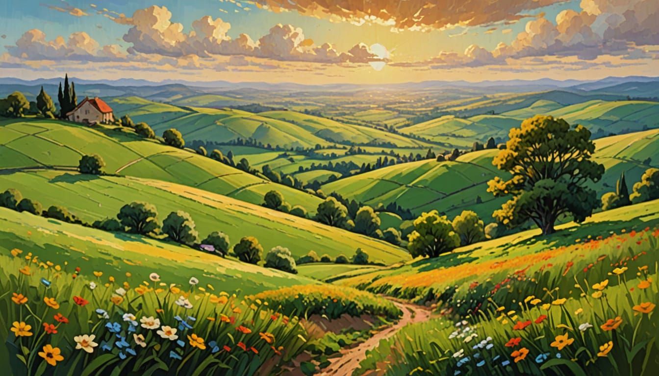 Impressionist Landscape Painting with Blooming Flowers