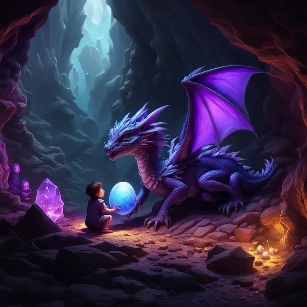 Baby Dragon Hatching in Crystal Cave: Dark Fantasy Art