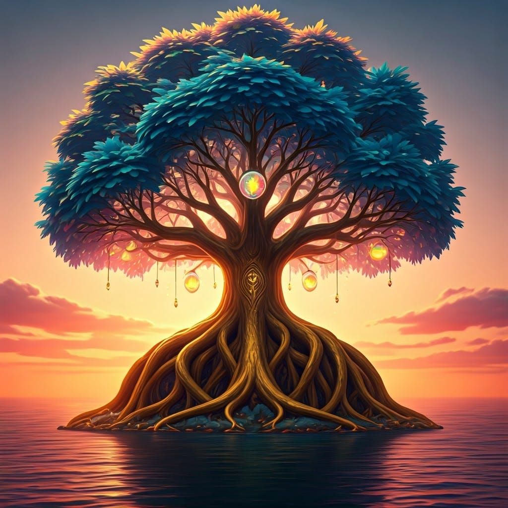 Surreal Golden Tree Radiates Rainbow Magic on a Deserted Isl...