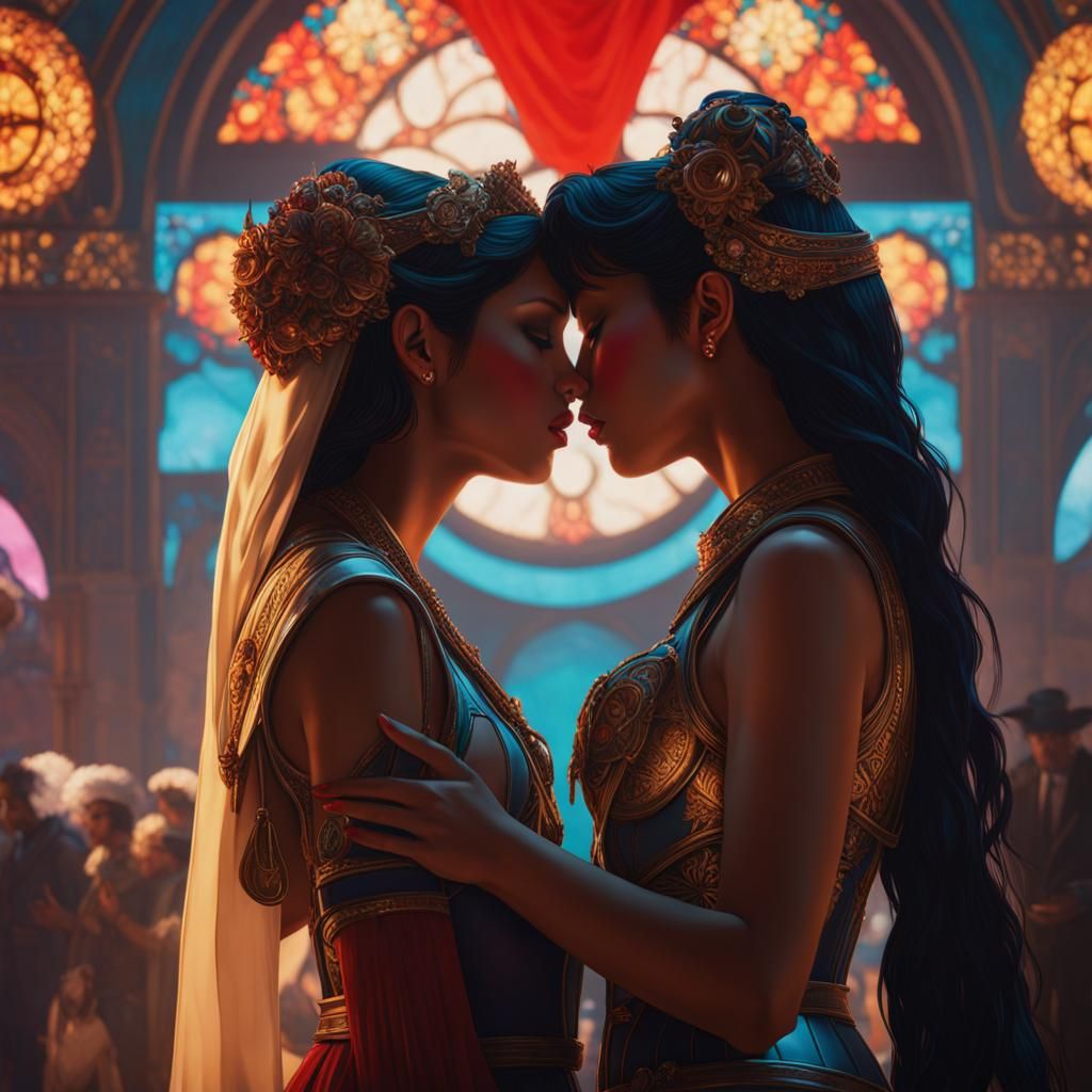 Two Girls Kissing: 1990s Art Nouveau Style