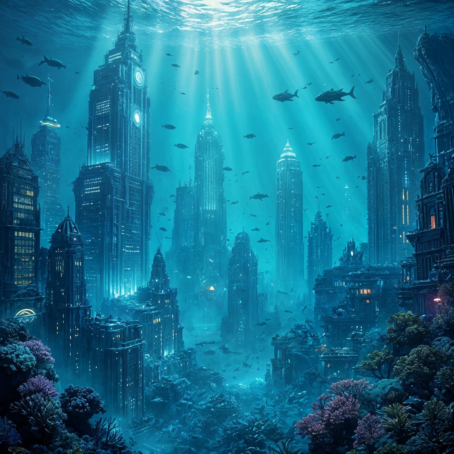Sunken Futuristic City Under the Ocean in Digital Painting S...
