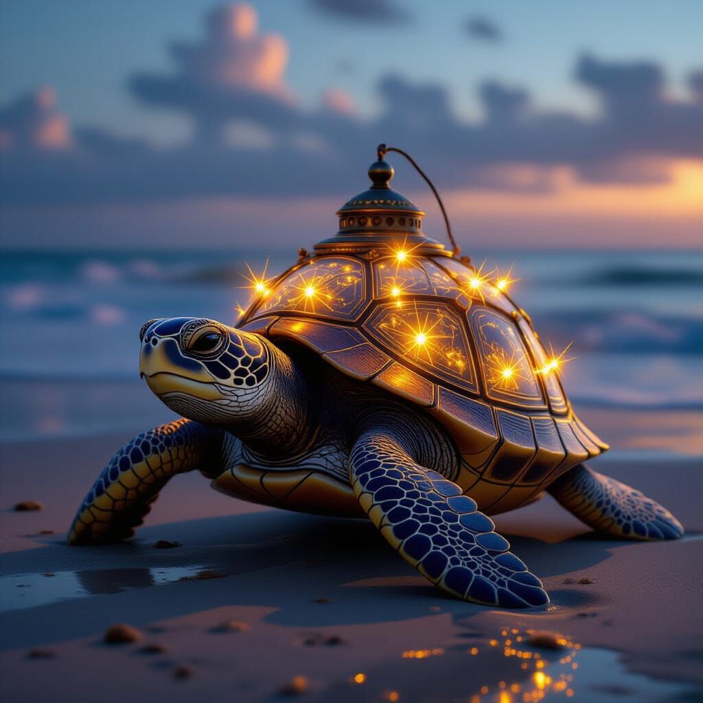 Sea Turtle with Lantern Shell at Dusk