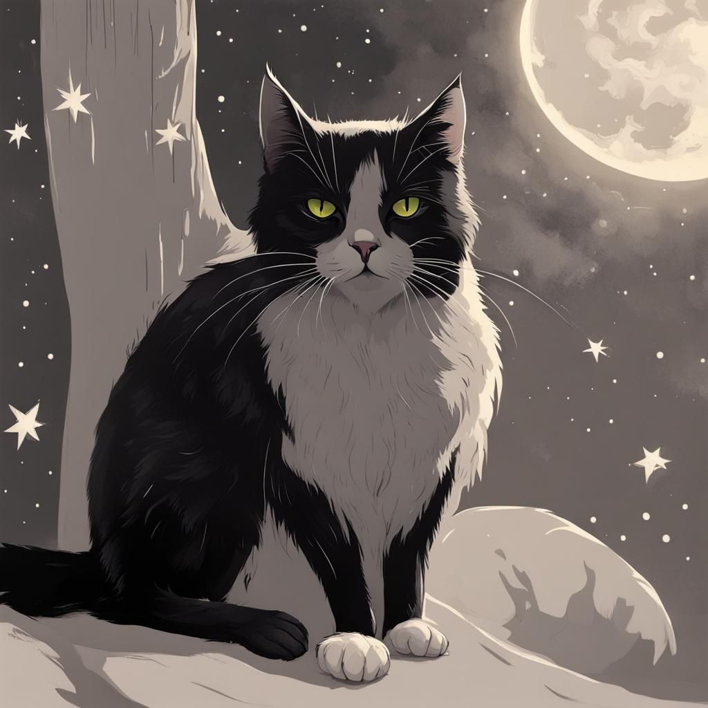 Eerie Black Cat Under Starlight