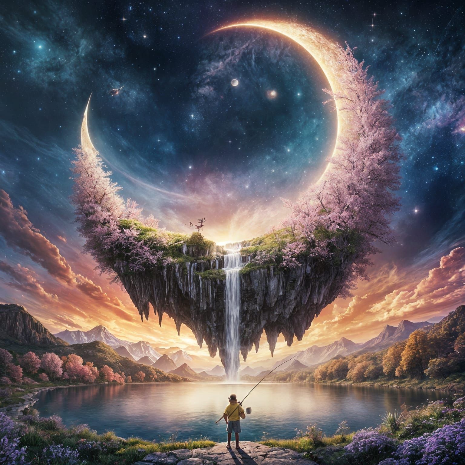 Surreal Moonlit Island with Majestic Waterfall and Blossomin...
