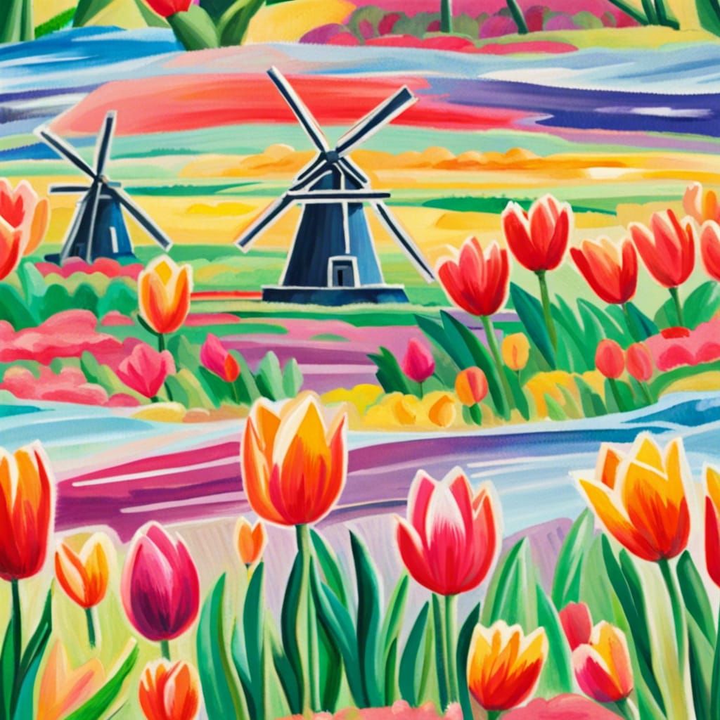 Colorful Tulips and Dutch Windmills: an Impressionist Gouach...