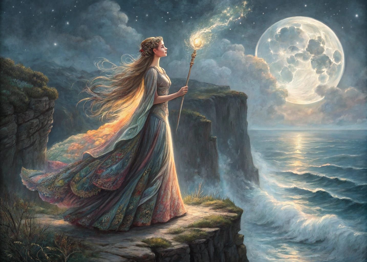 Woman on Cliff Edge in Fire Gown, Oil Painting