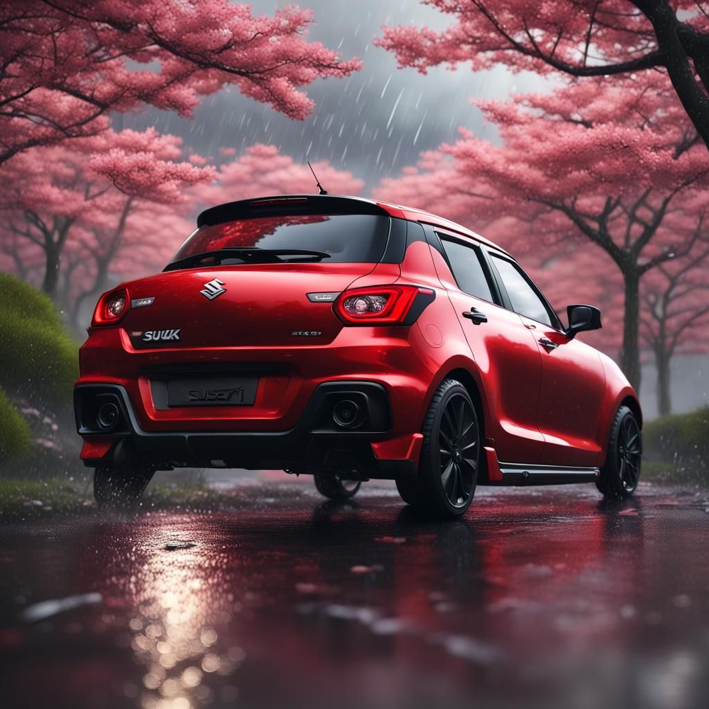 Red Suzuki Swift with Cherry Blossoms: Matte Painting
