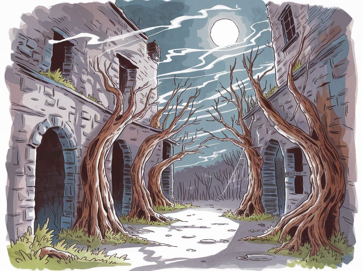 Overgrown Alleyway with Gnarled Trees and Ethereal Light