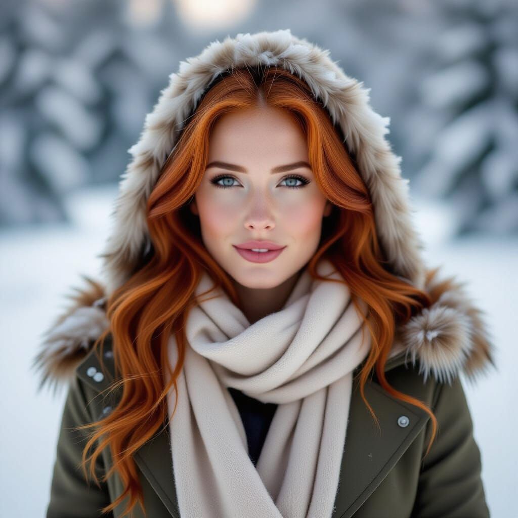 Redhead Woman in Winter Landscape, Photorealistic Style