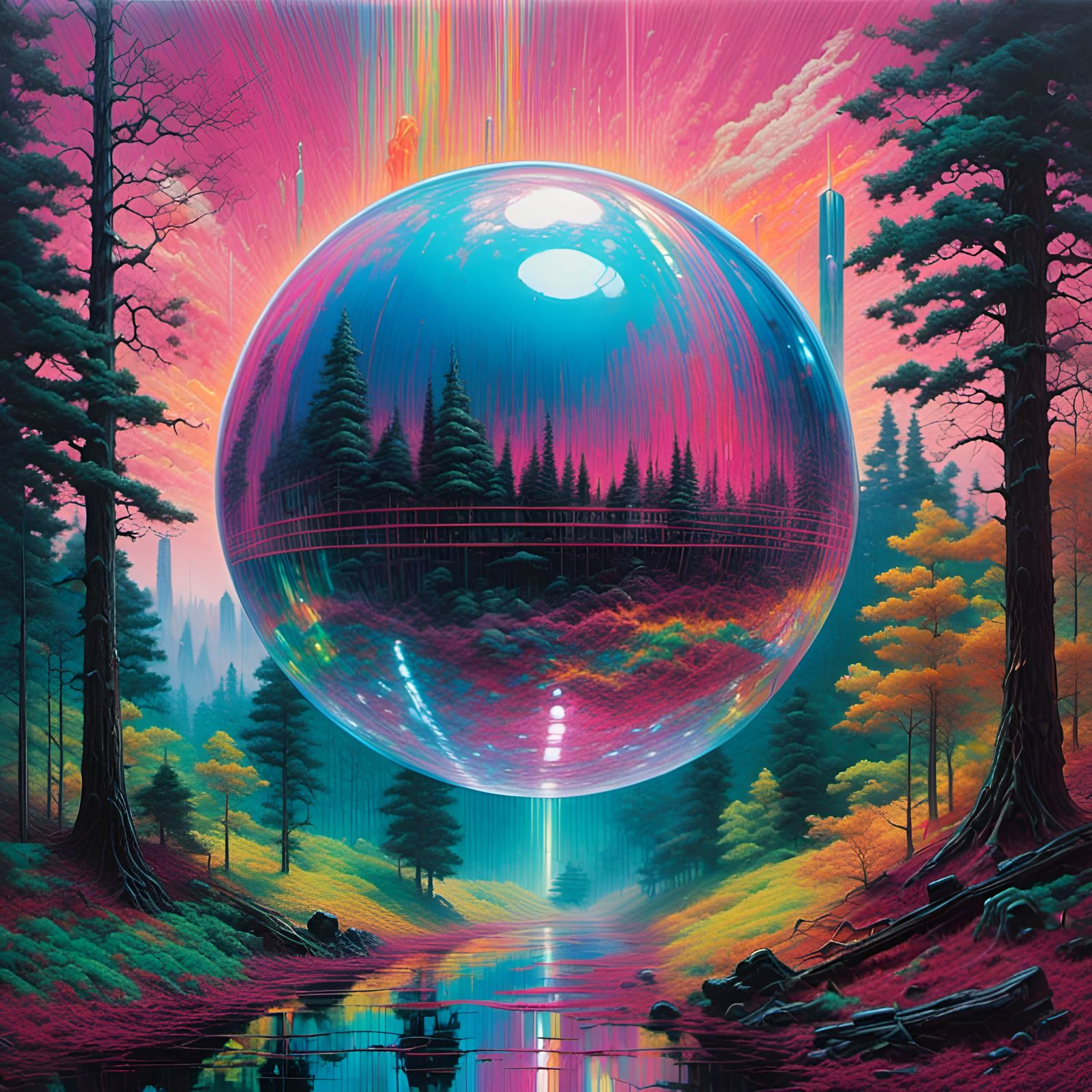 Glowing Orb in Woods: Synthwave Oil Painting