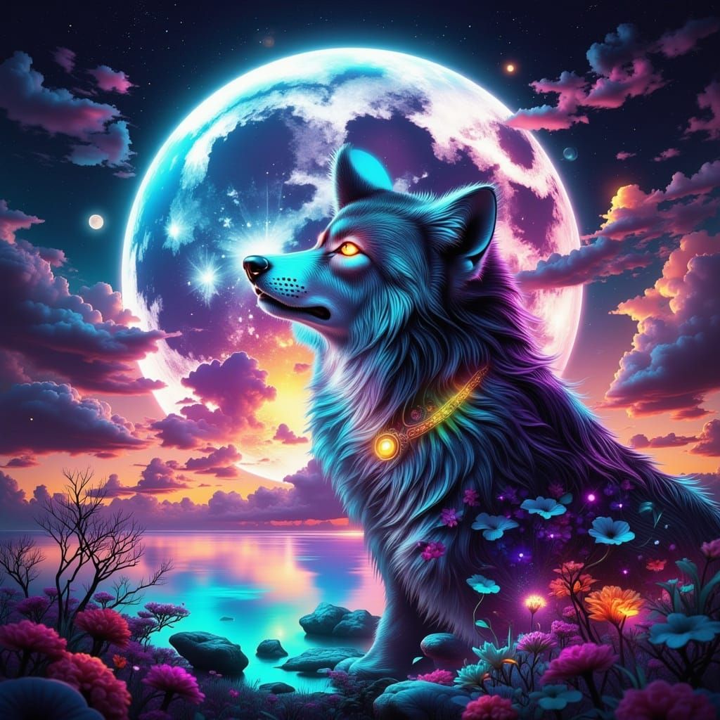 Wolf Howling at Impossible Moon, Surreal Photo