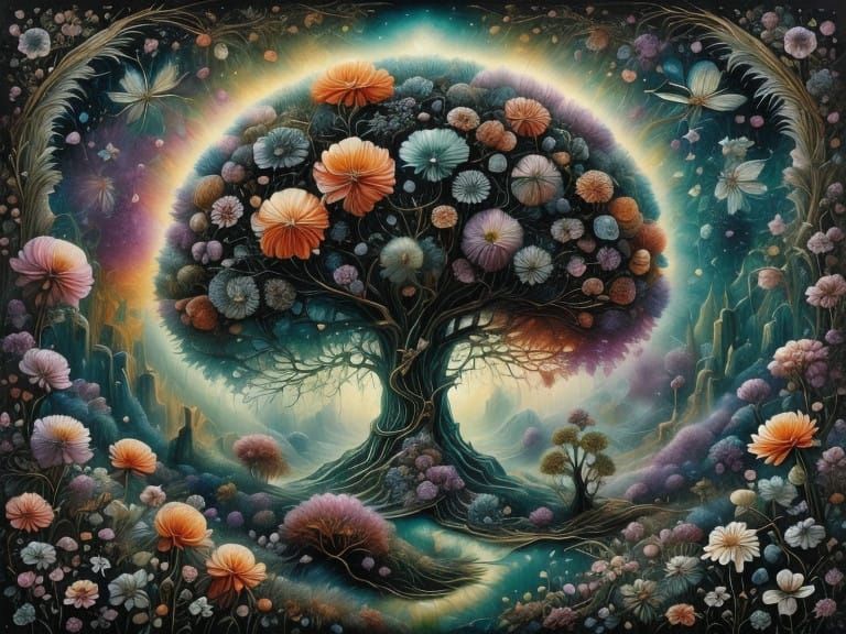 Dreamlike Landscape with Vibrant Floral Elements, Inspired b...