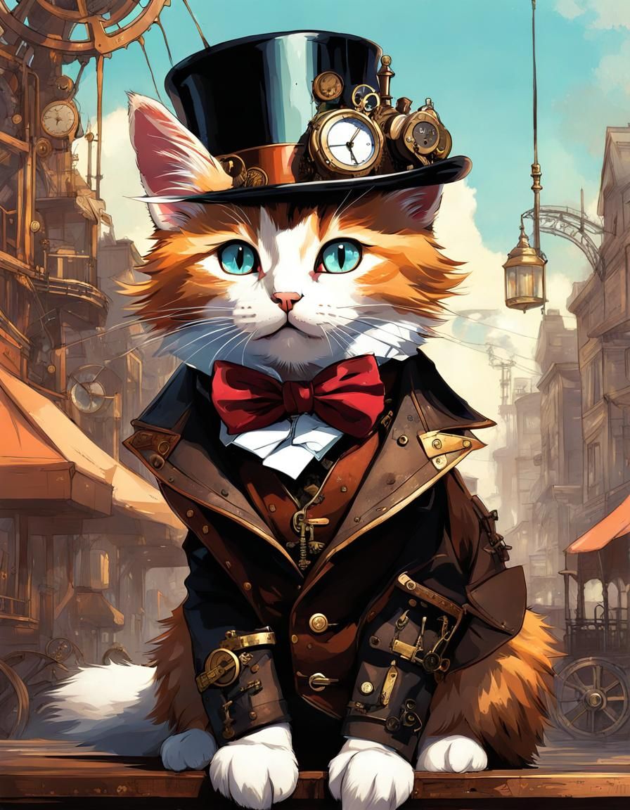 Steampunk Kitten in Manga Style Digital Illustration