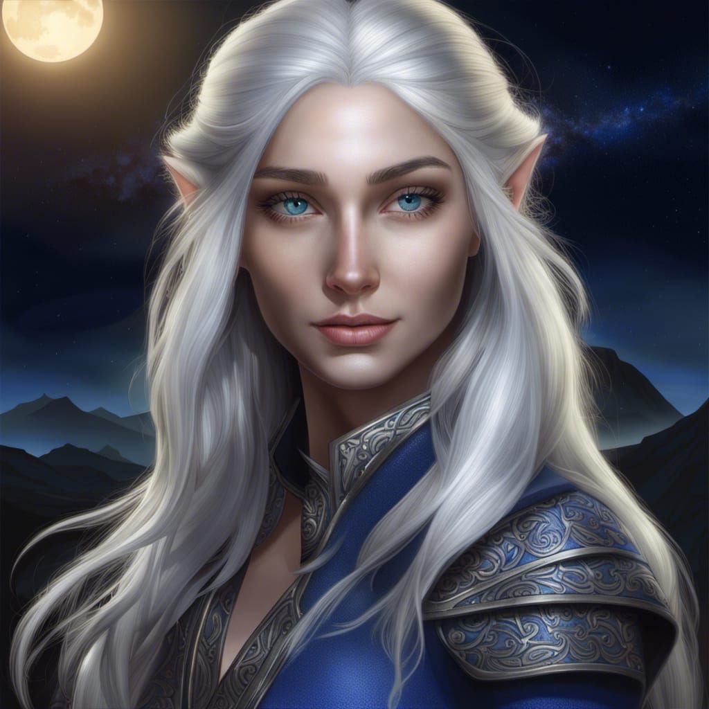 Beautiful Elf Woman Portrait with Desert Night Sky