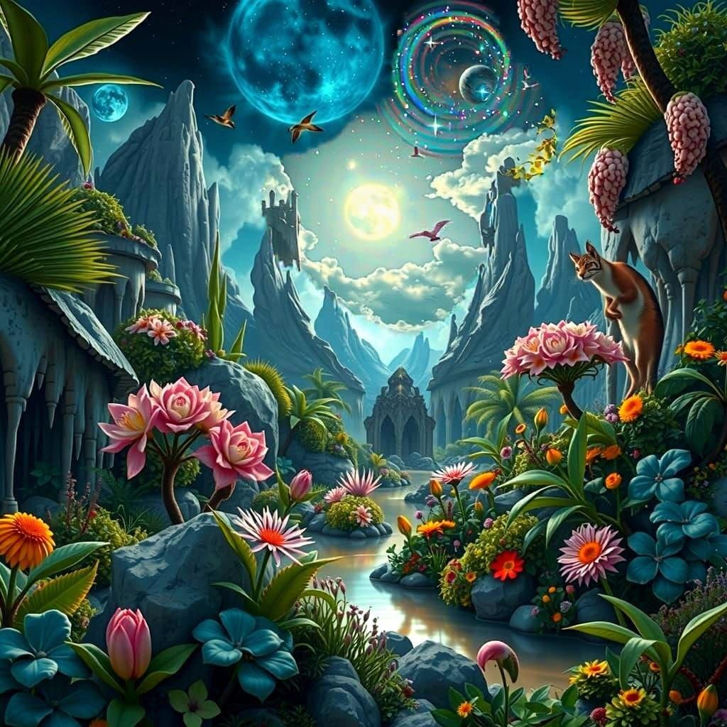 Lush Moonlit Landscape in Hyperrealistic Detail