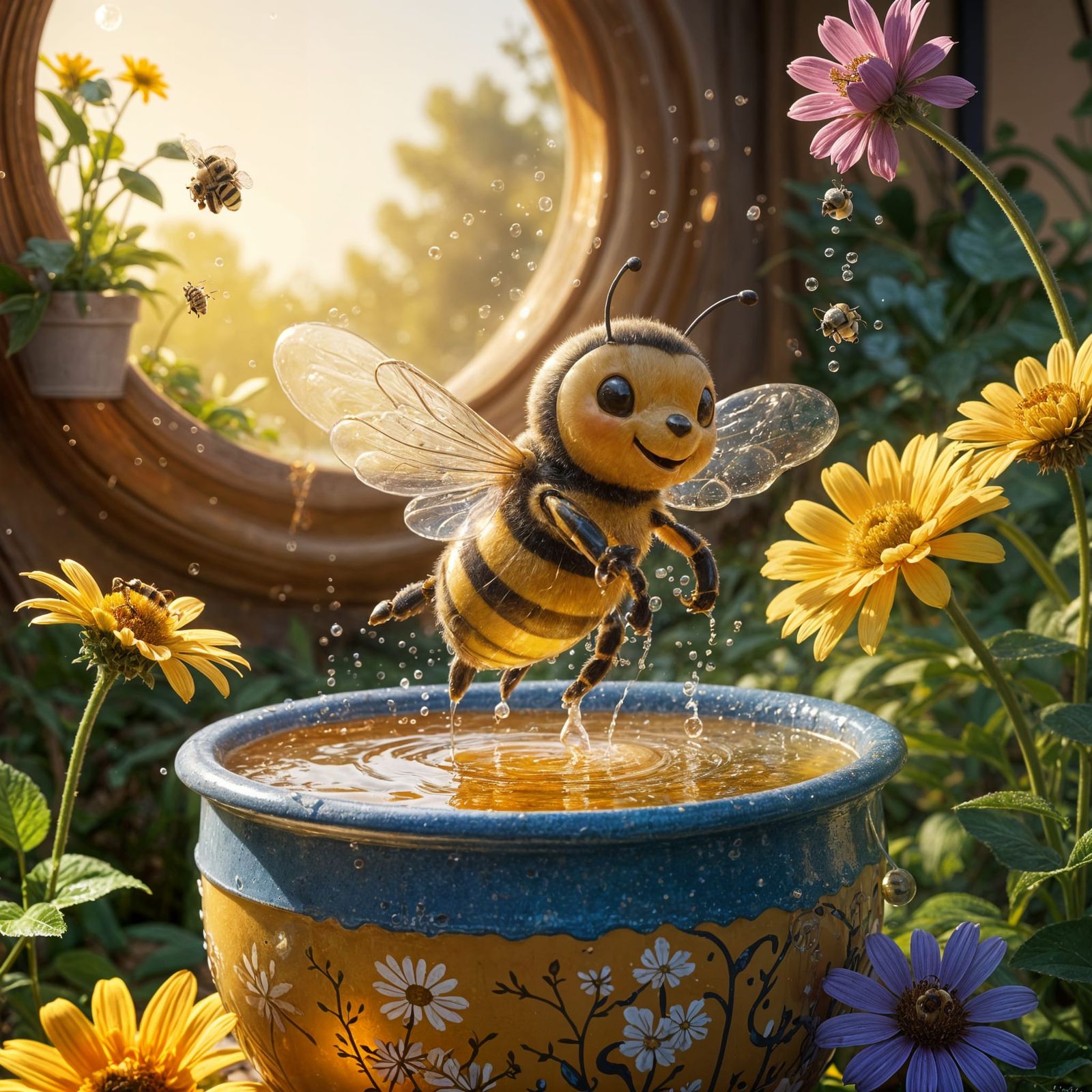 Bee Bathing in Honey Pot Illustration