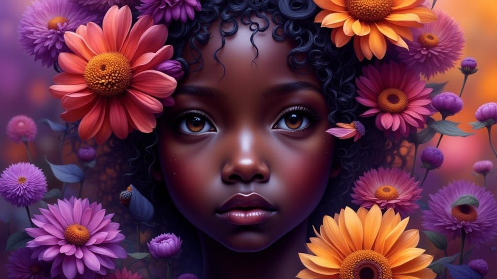 Enigmatic Black Youth in Vibrant Floral Surroundings