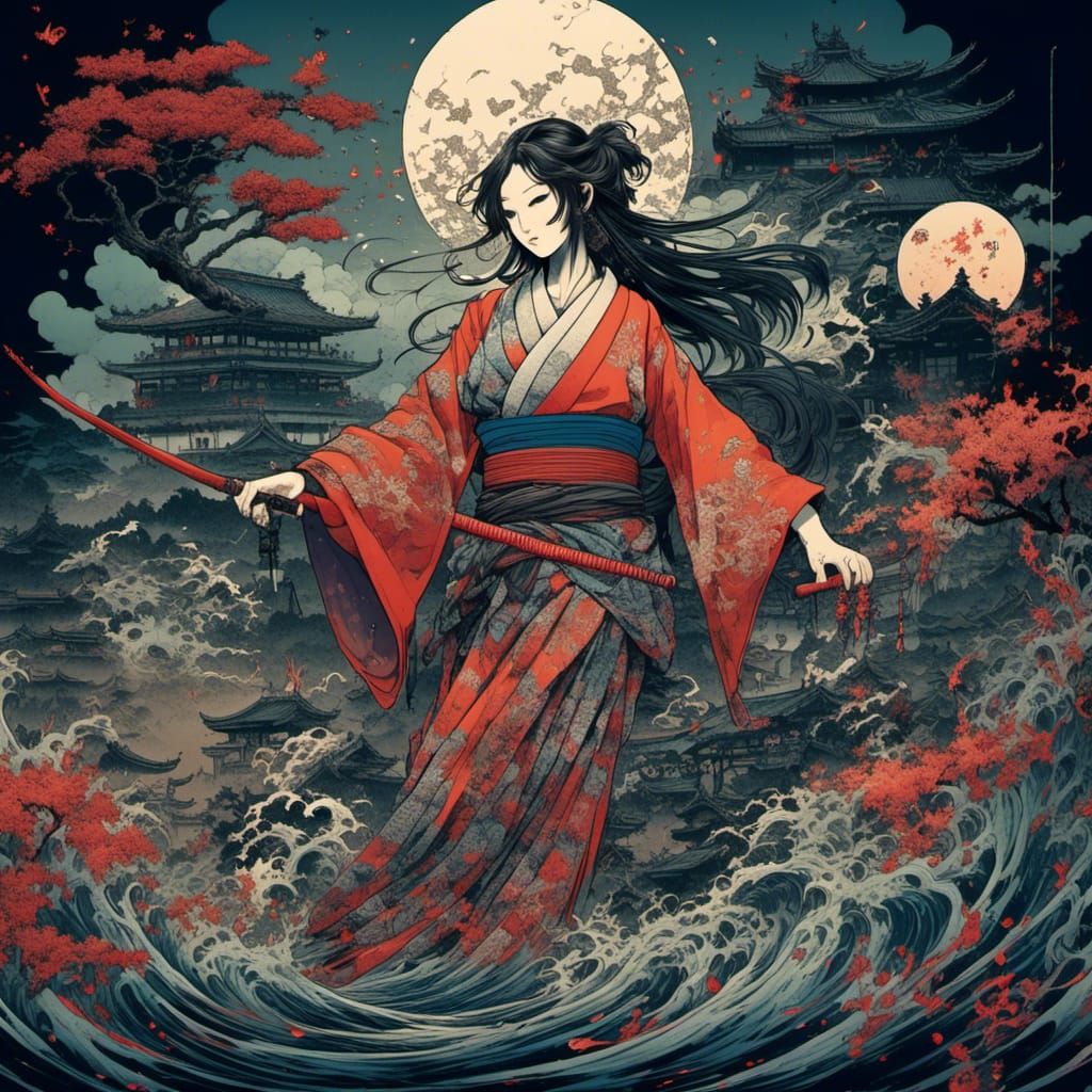 Aggressive Inhabitants in Deep Color Ukiyo-e Style