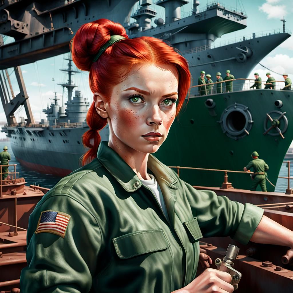 WWII Riveter: Red-Haired Woman in Dry Dock
