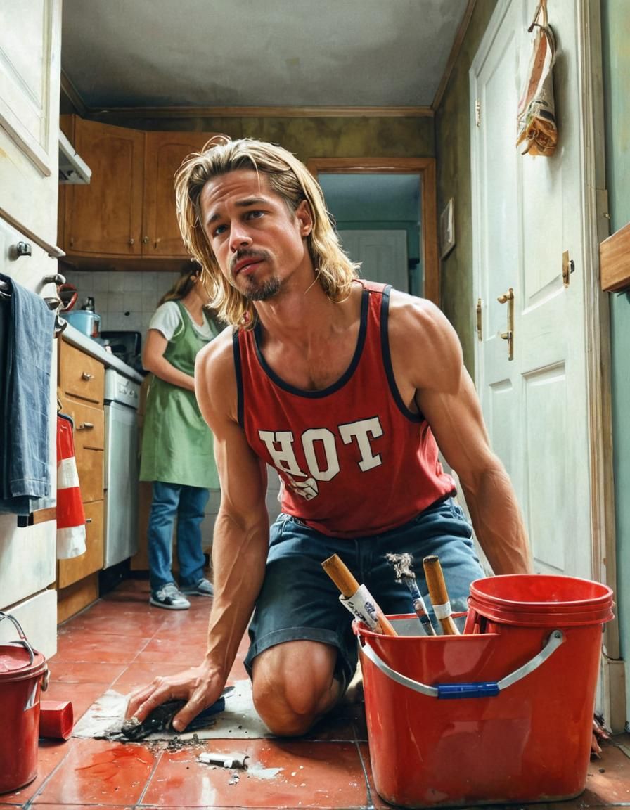 Extreme wide shot of Brad Pitt, age 25, long light blonde ha...