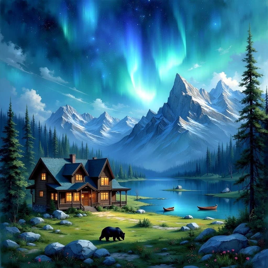 Stylish Log Cottage Beside a Serene Blue Lake at Night