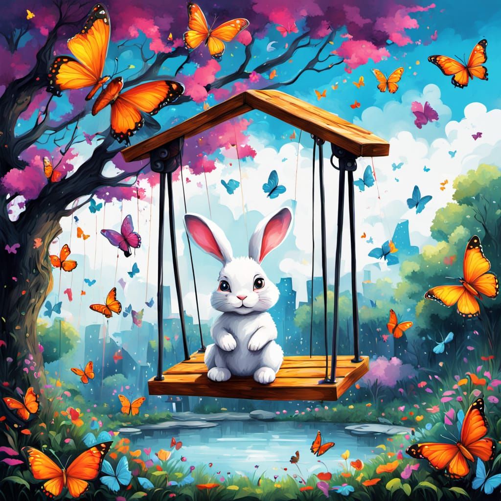 Whimsical Garden Scene with Bunny in Graffiti Art Style