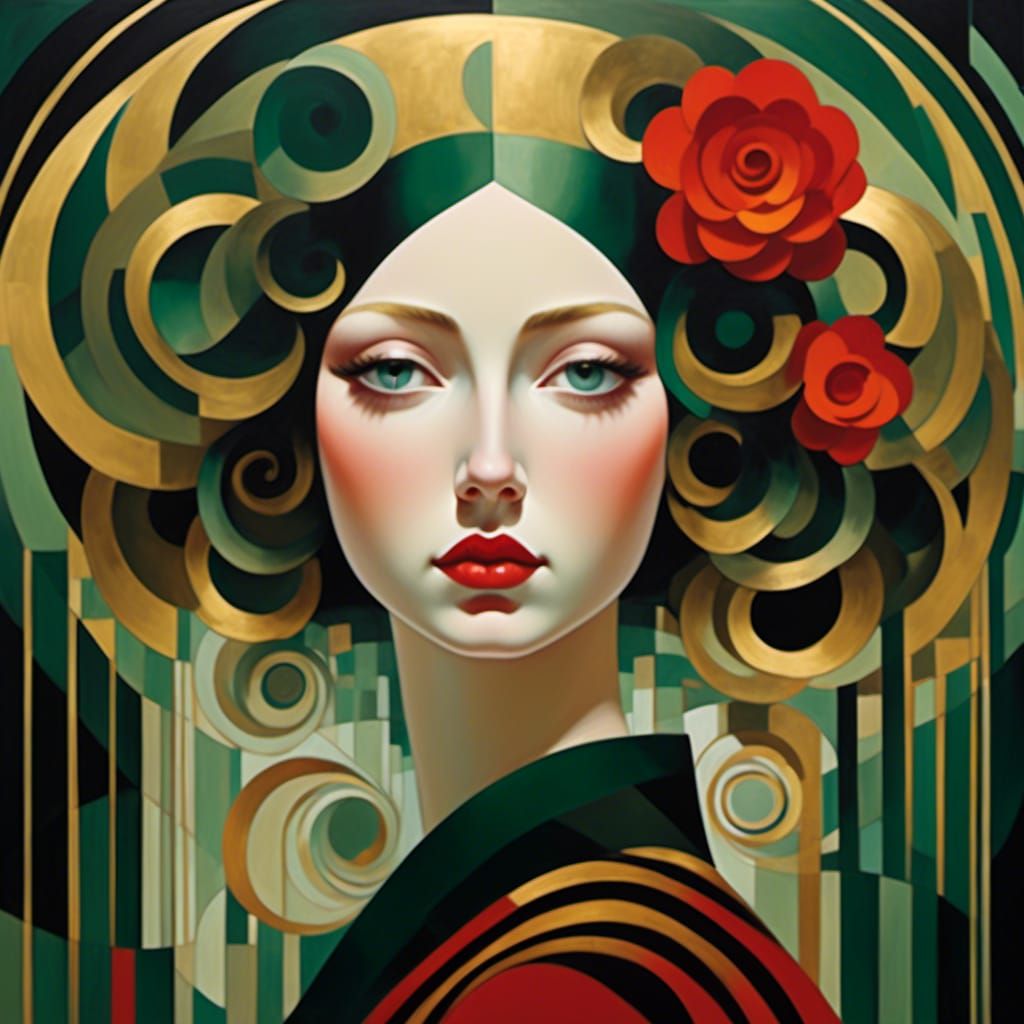 Abstract Spiral Portrait in Cubist Art Deco Style