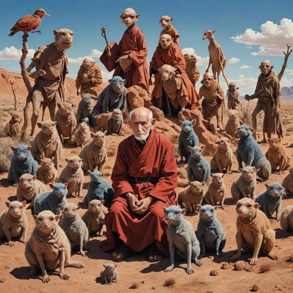 Psychedelic Desert Scene with Monk and Critters
