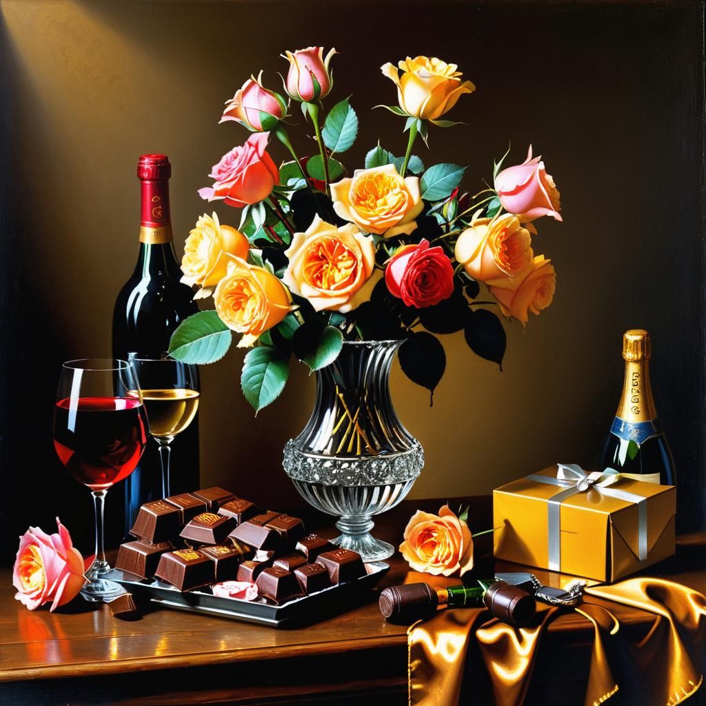 Realistic still life painting with a box of chocolates, a bo...
