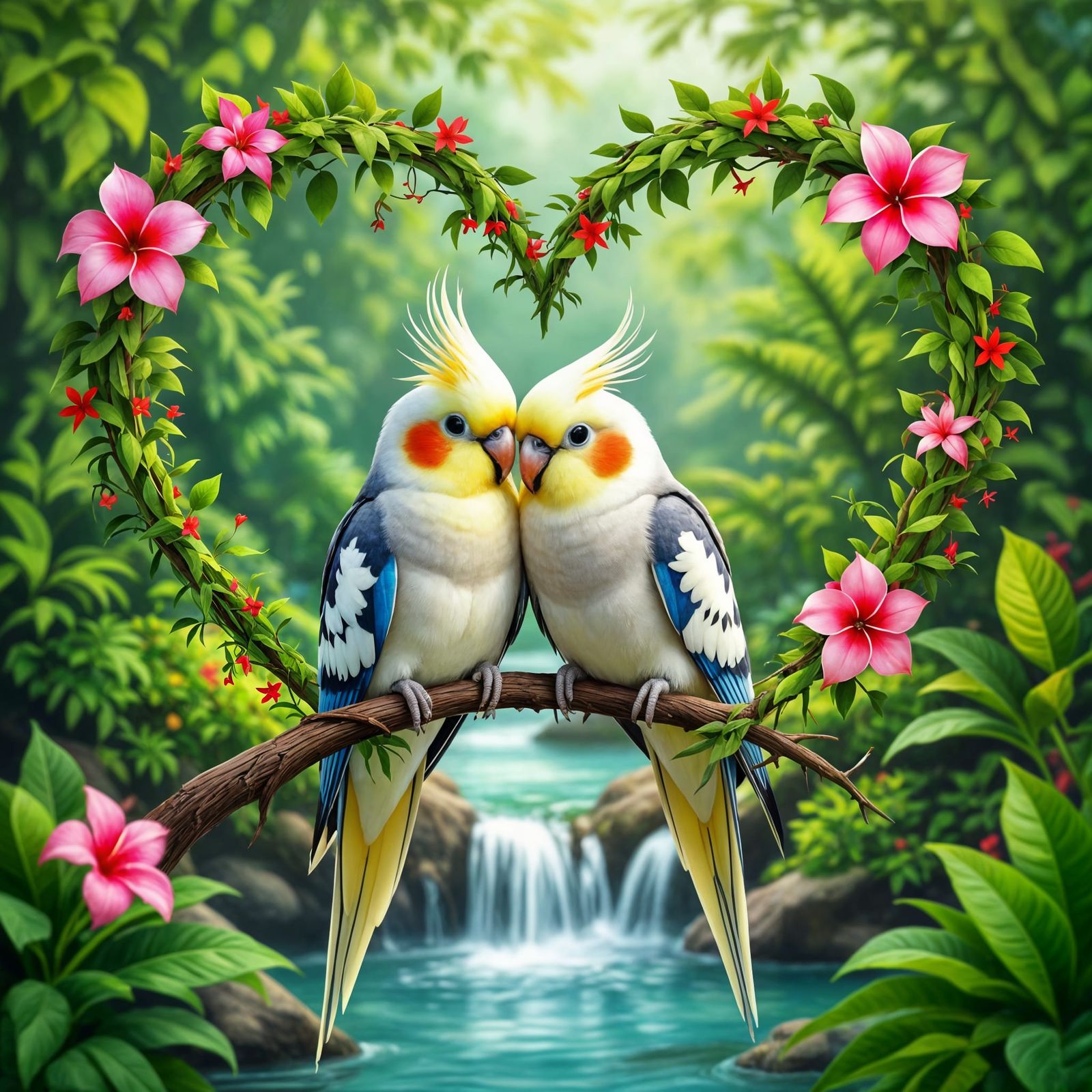 Lovebirds Cockatiels Cuddle by Waterfall Paradise