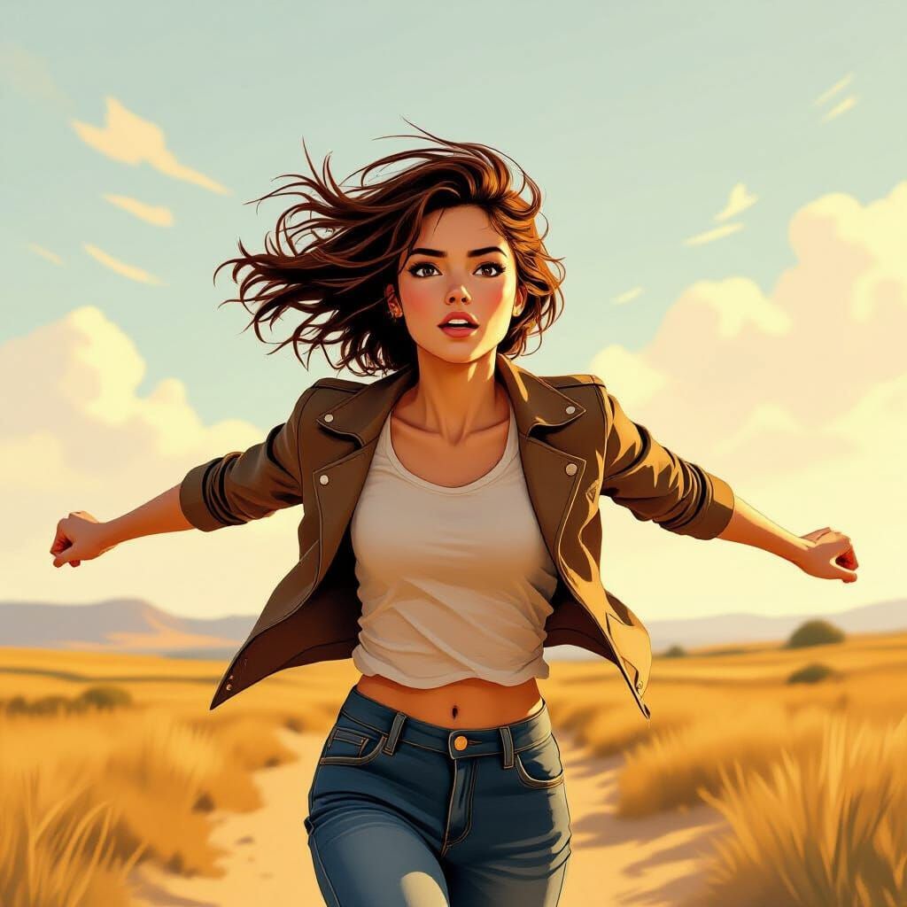Woman Running Towards Horizon in Digital Painting Style