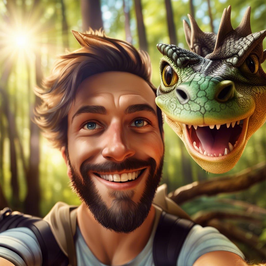 Man and Dragon Selfie in Mystical Forest
