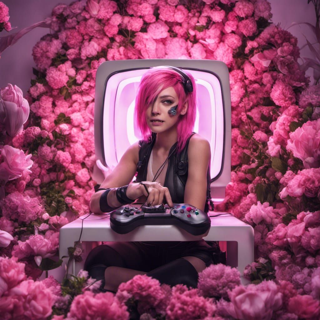 Gamer Girl in Cyberpunk Floral Dreamscape