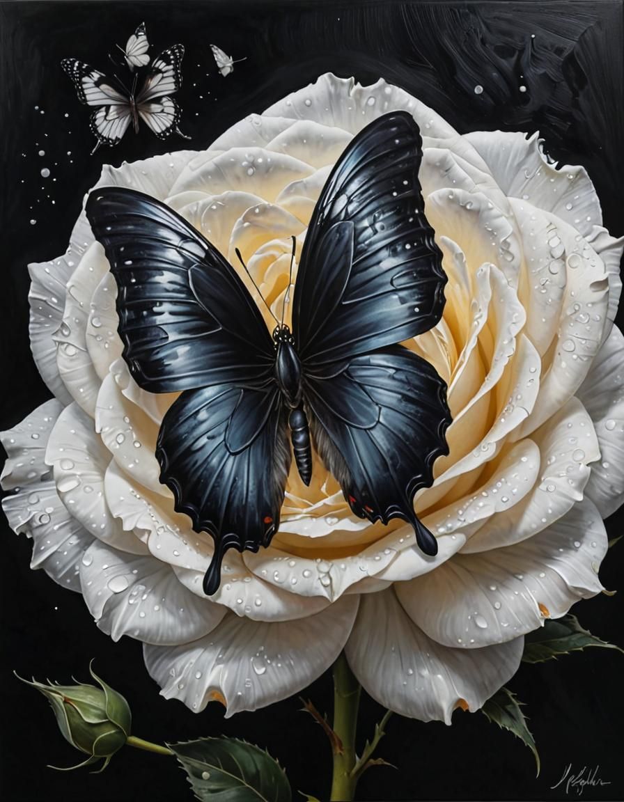 Black Butterfly on White Rose in Dark Romantic Style