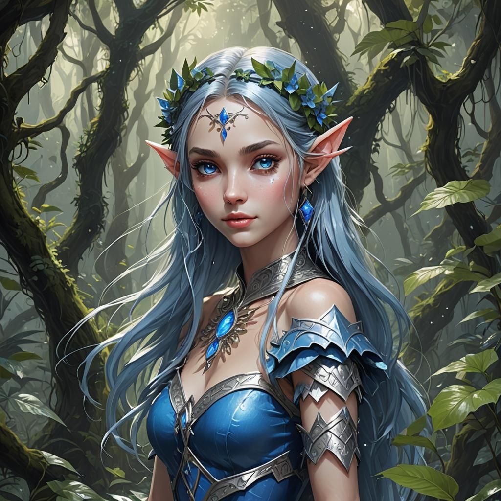 Elven Princess in a Magical Silver and Blue Rainforest