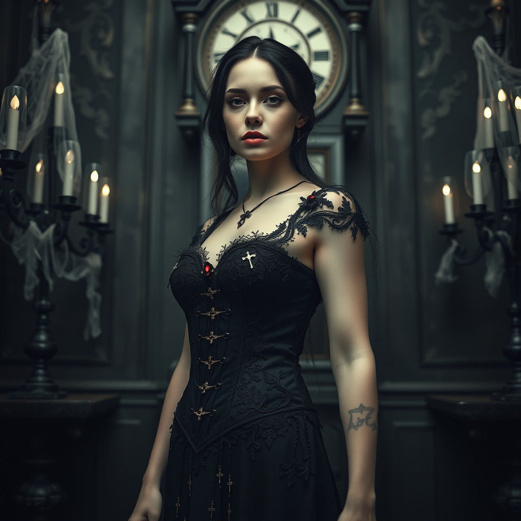 Gothic Woman in Black Dress, Dark Fantasy Photography