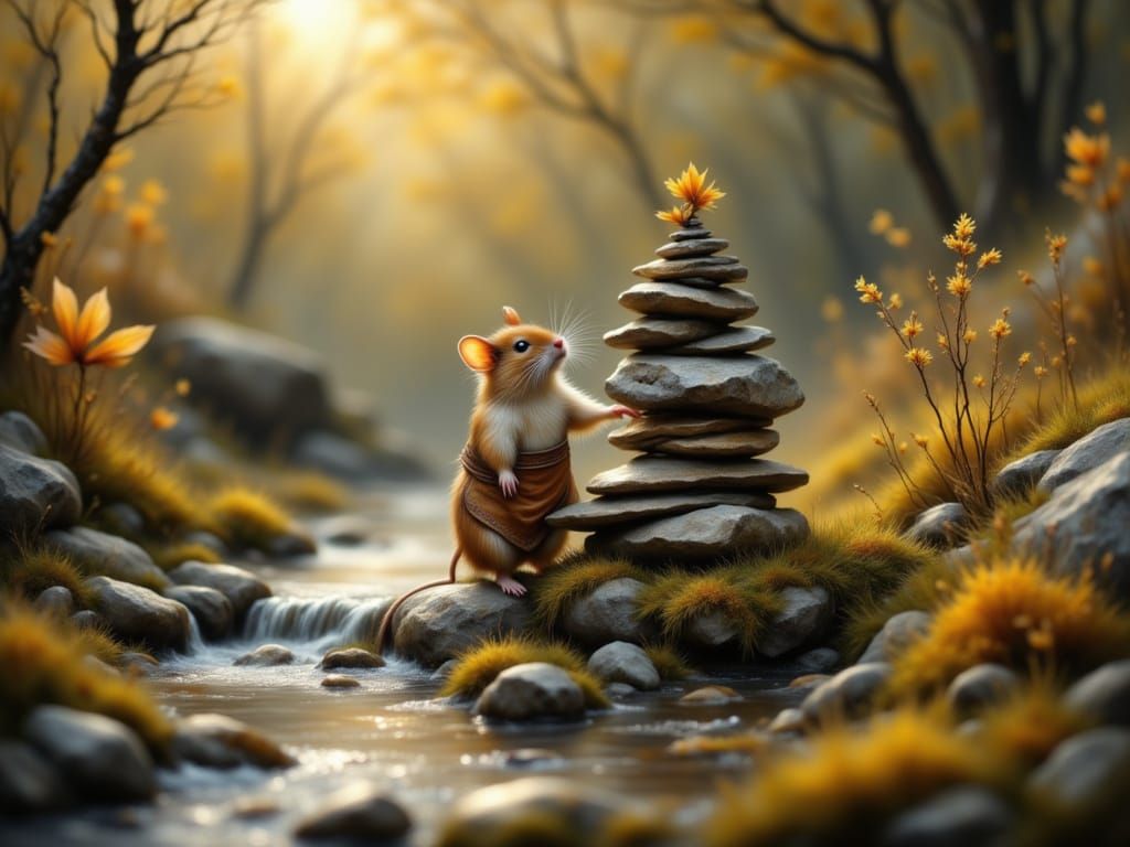 A photograph depicting "a tiny field mouse, meticulously constructing a miniature tower of polished river stones," bathe...