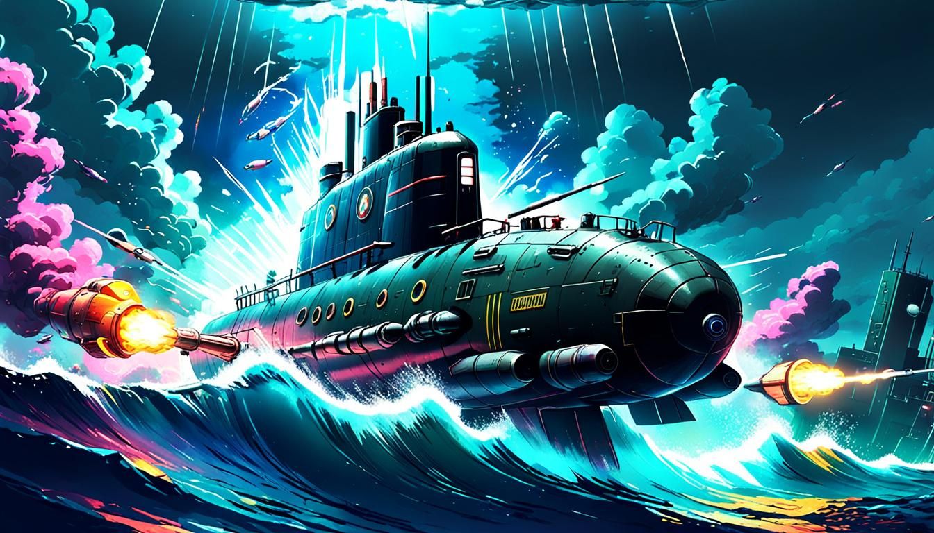 Underwater Cyberpunk Submarine Torpedo Attack in Anime Style