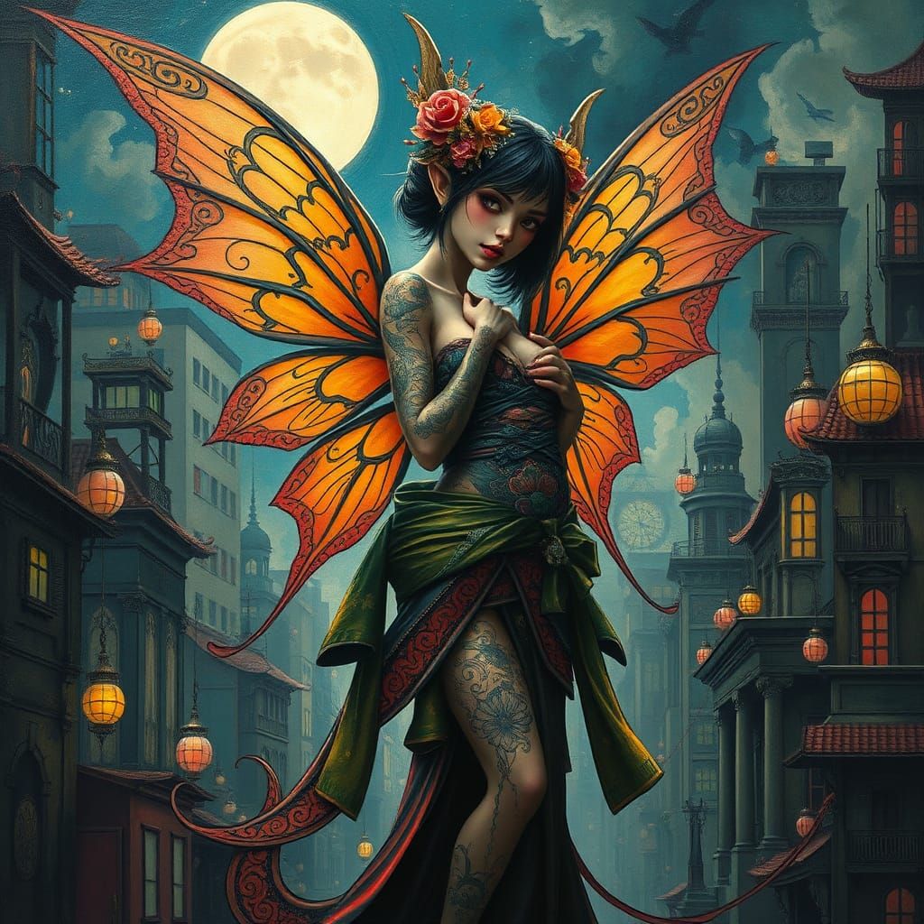 Tattooed Fairy Elf Geisha in Dystopian Cityscape