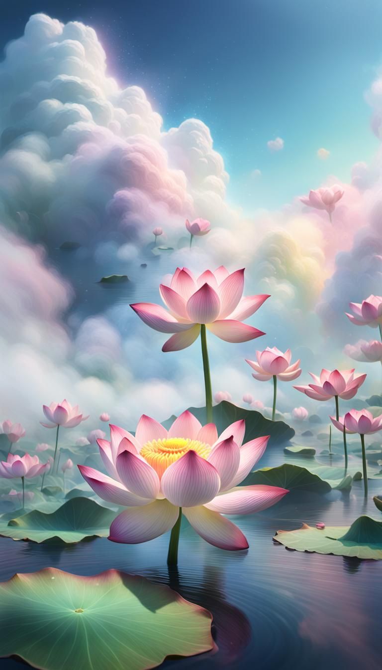 Rainbow Lotus Flower on Cloud, Fantasy Art