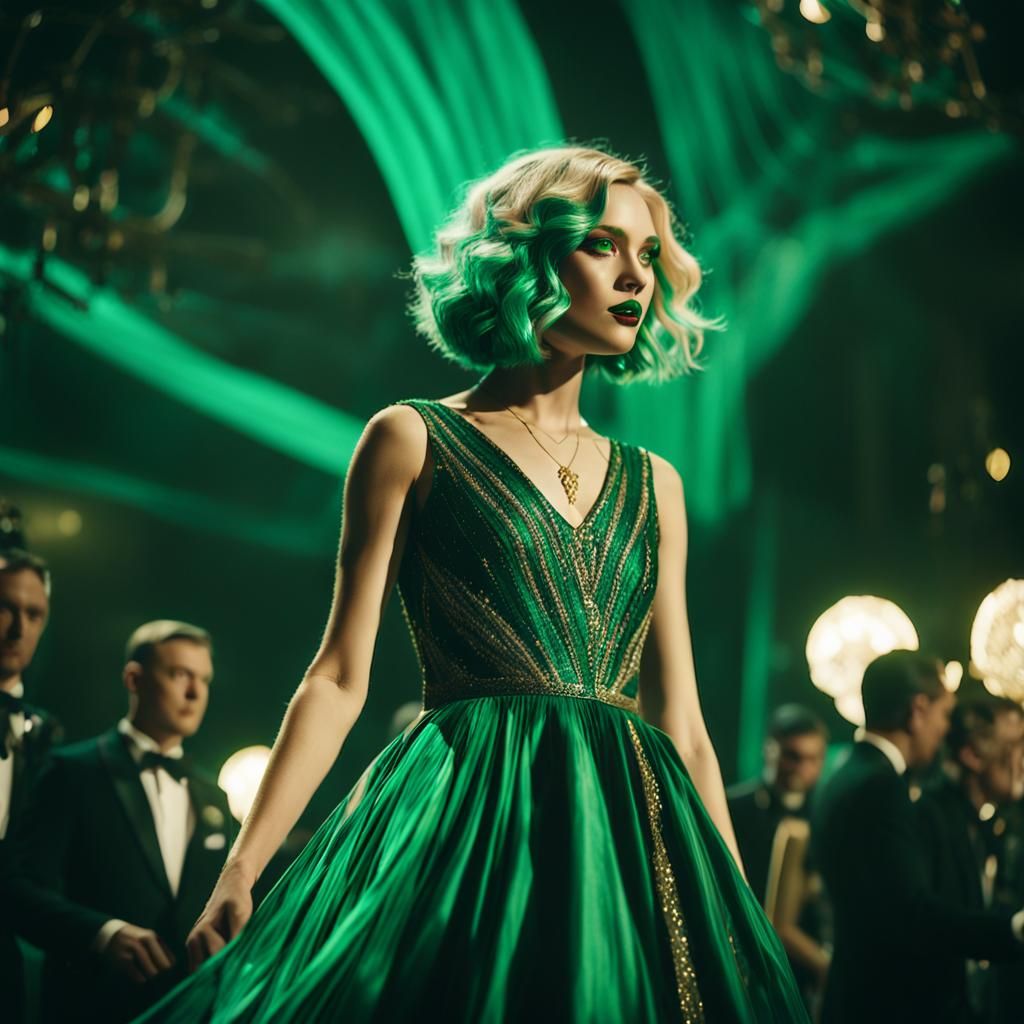 Blonde Girl with Green Highlights at Luxurious Event