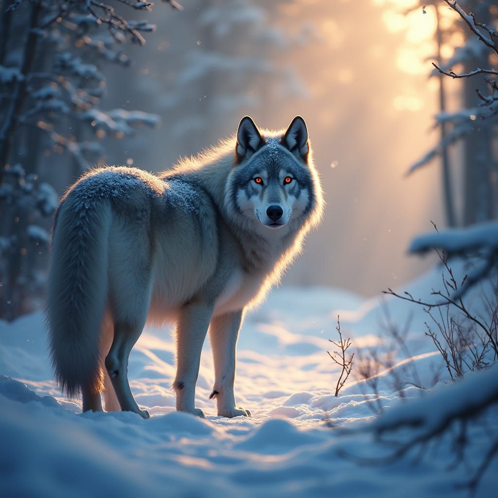 Digital painting. A majestic Siberian wolf stands guard over...