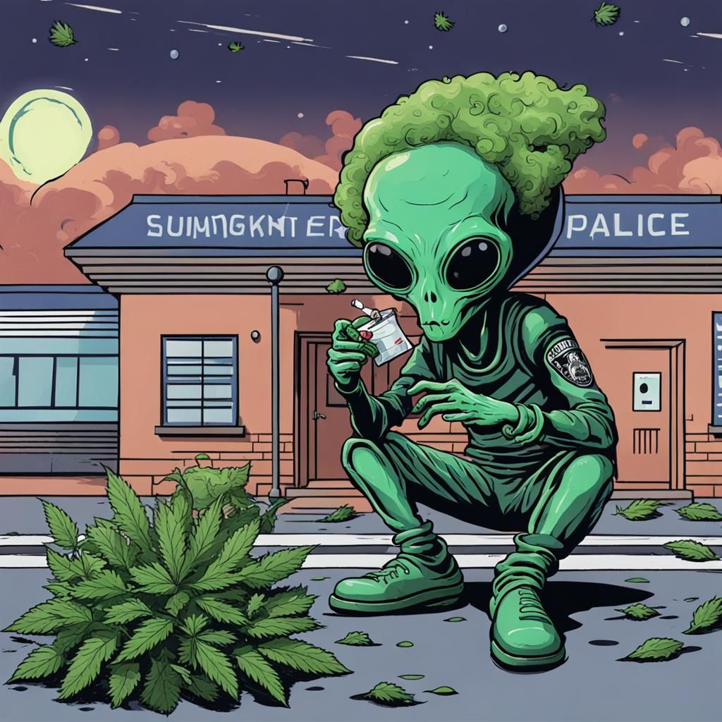 Humorous Alien Smoking Weed Near Police Station