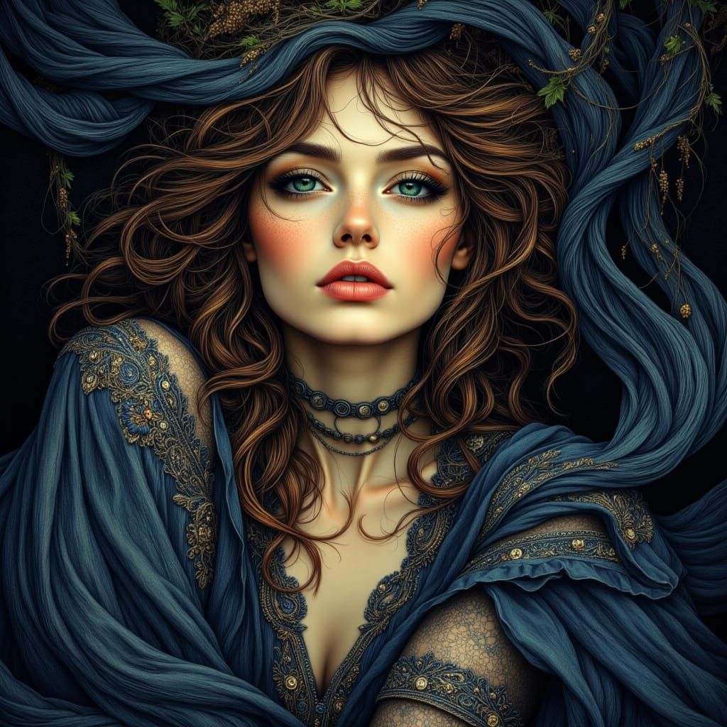 Elegant Art Nouveau Woman Emerging from Shadows