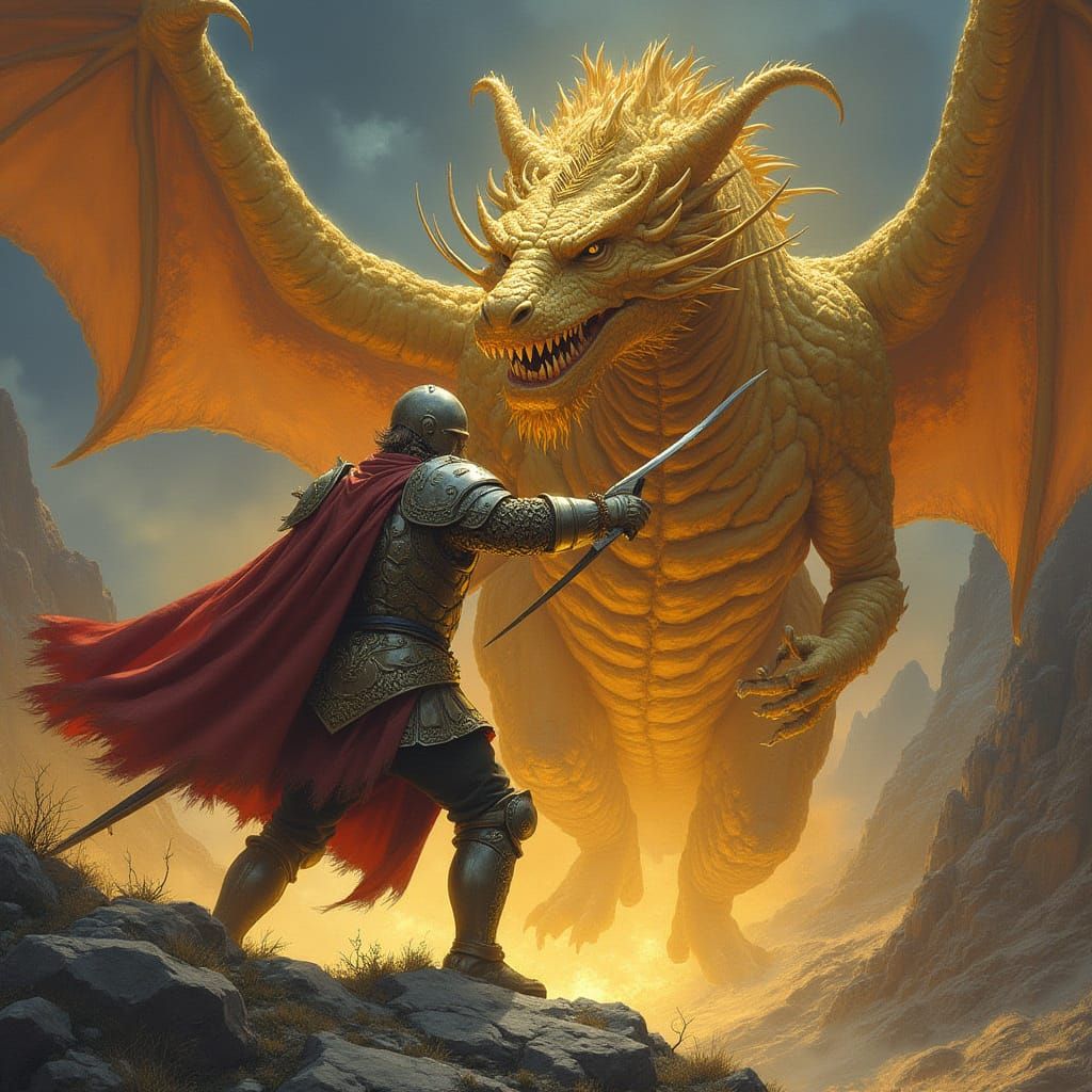 Beowulf Battles Golden Dragon in Smoldering Landscape