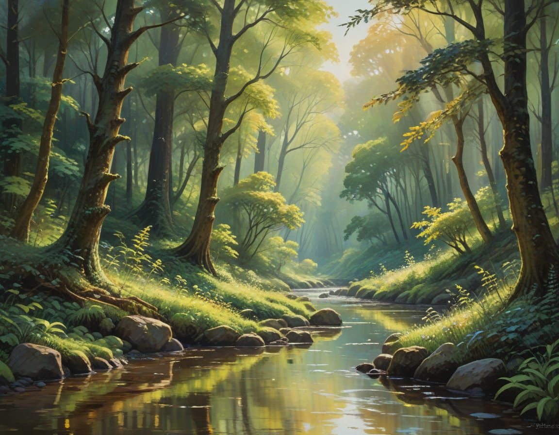 Impressionist Masterpiece: Serene Magical Forest in Vibrant ...