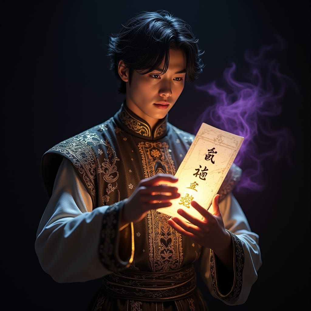 Mystical Hero in Velvet Darkness, Holding Ancient Talisman