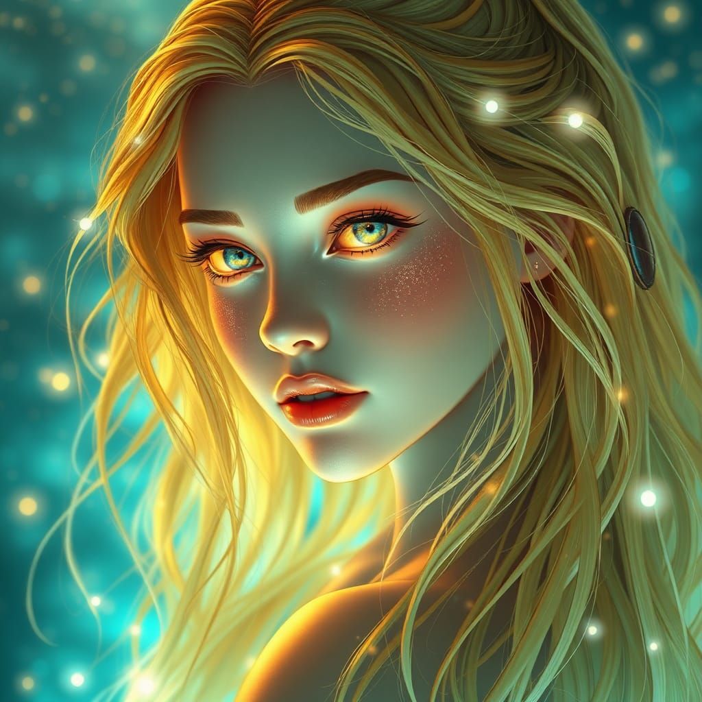 Bioluminescent Ocean Woman Portrait in Art Nouveau Style